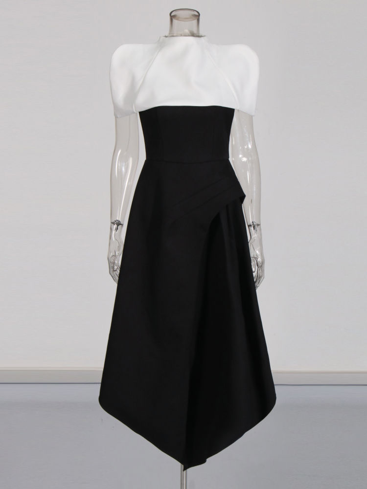 TWOTWINSTYLE Stand Collar Hit Color Irregular Hem Chic Dress