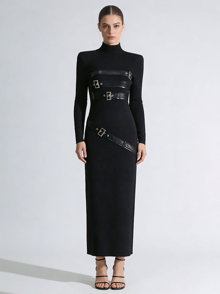 TWOTWINSTYLE Stand Collar Long Sleeve Spliced Belt Fashion Dress