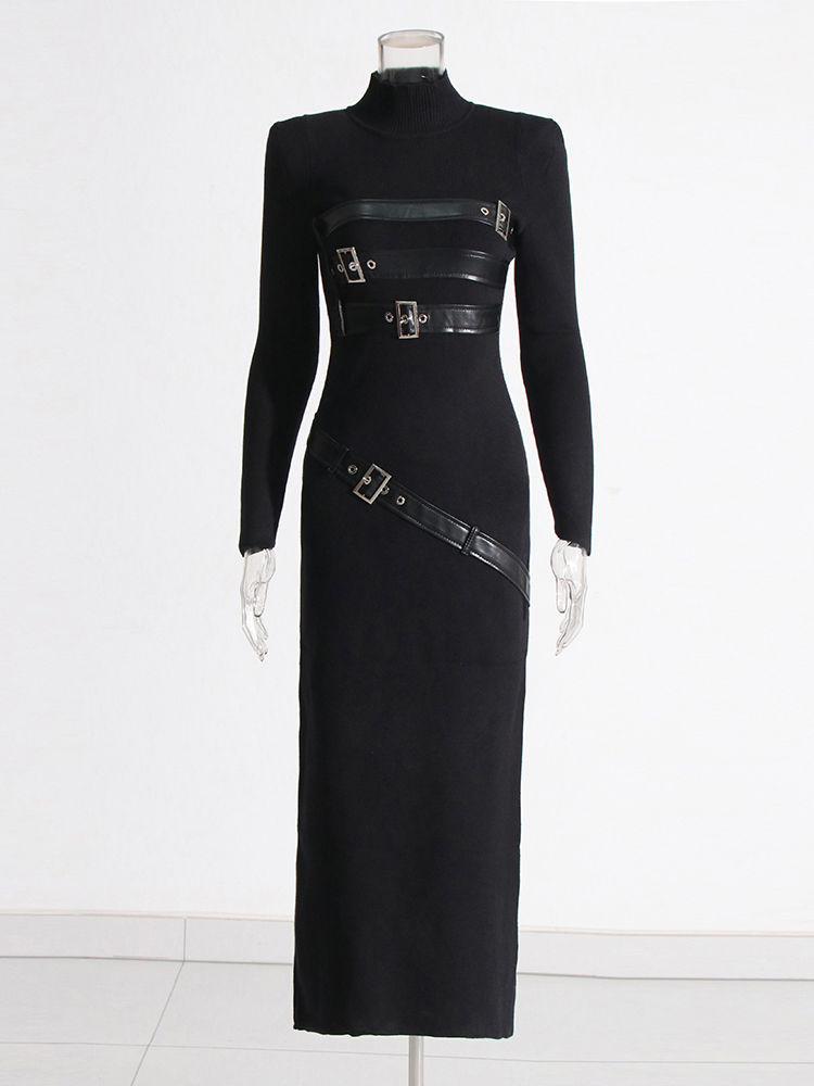TWOTWINSTYLE Stand Collar Long Sleeve Spliced Belt Fashion Dress