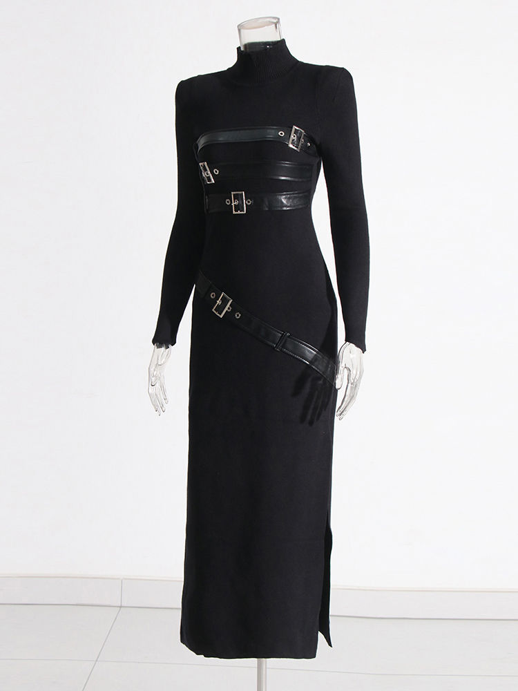TWOTWINSTYLE Stand Collar Long Sleeve Spliced Belt Fashion Dress
