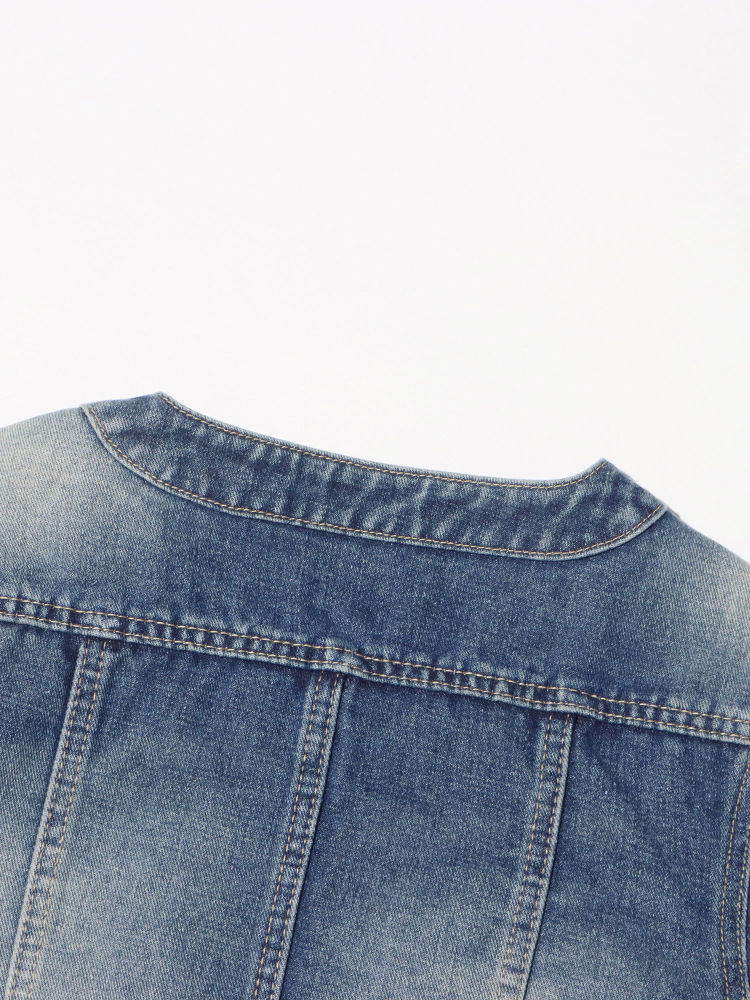 TWOTWINSTYLE V Neck High Waist Designer Crop Denim Coat