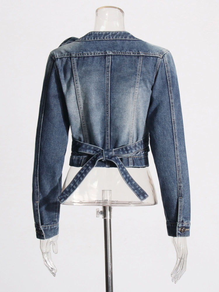 TWOTWINSTYLE V Neck High Waist Designer Crop Denim Coat