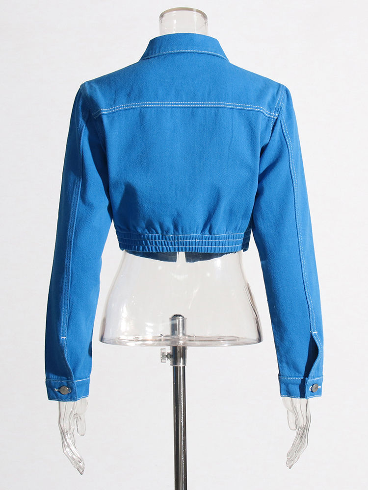 TWOTWINSTYLE Lapel Crop Denim Coat Patchwork Pocket Jeans Two Piece Set