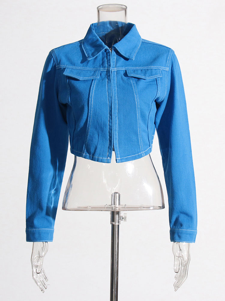 TWOTWINSTYLE Lapel Crop Denim Coat Patchwork Pocket Jeans Two Piece Set