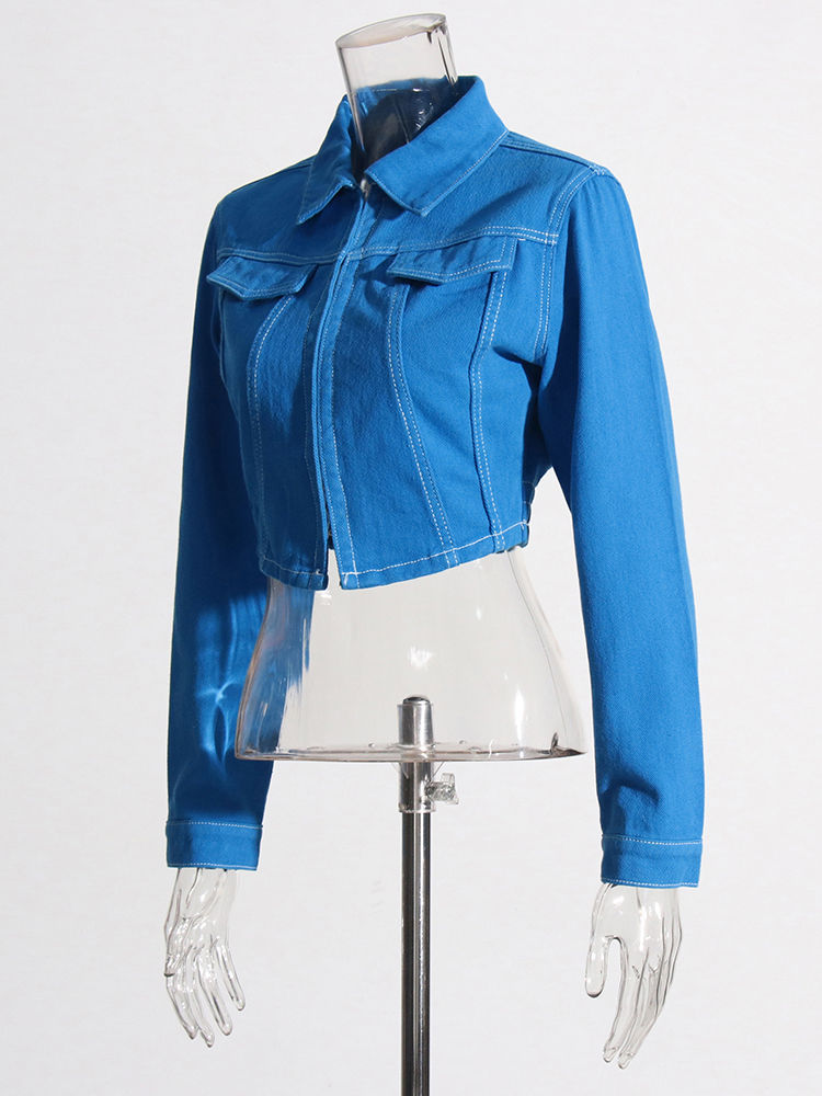 TWOTWINSTYLE Lapel Crop Denim Coat Patchwork Pocket Jeans Two Piece Set