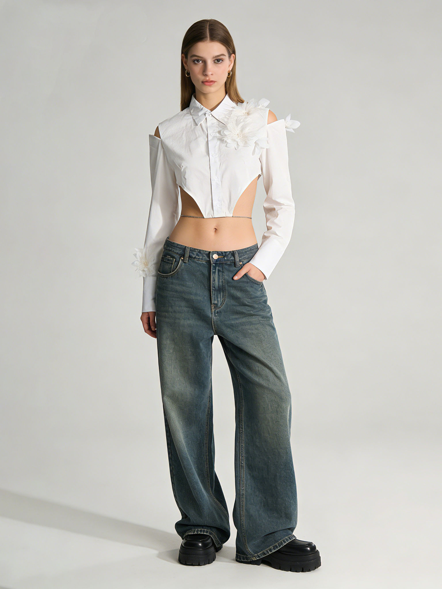 TWOTWINSTYLE Off Shoulder Patchwork Flower Crop Shirt