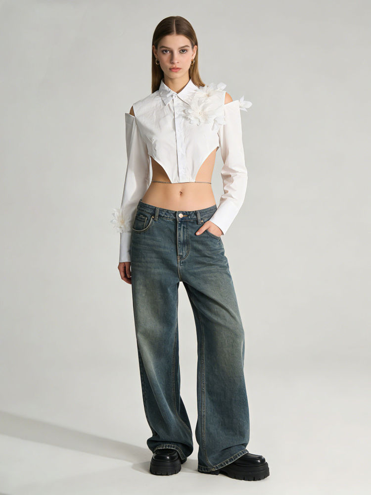 TWOTWINSTYLE Off Shoulder Patchwork Flower Crop Shirt