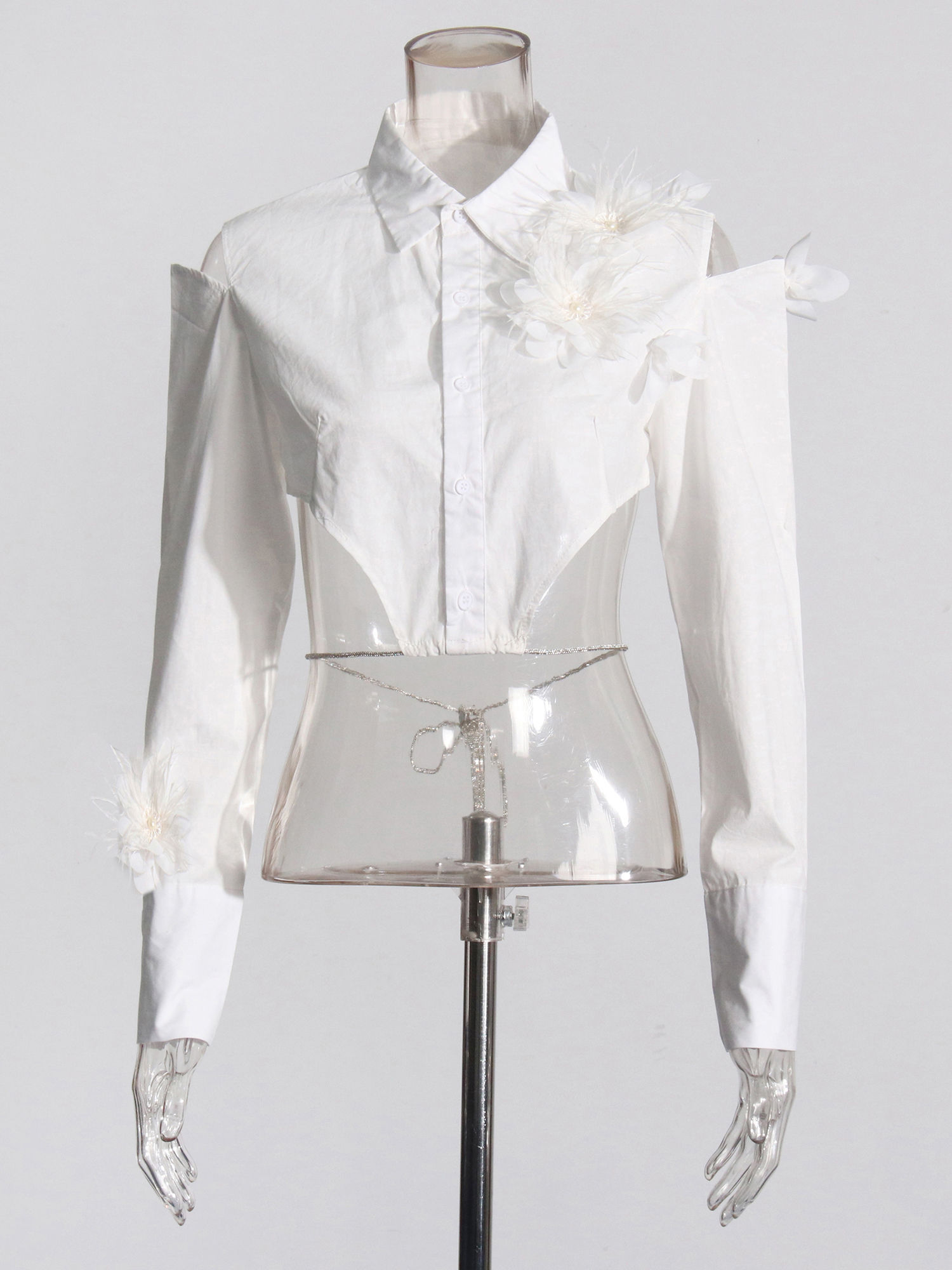 TWOTWINSTYLE Off Shoulder Patchwork Flower Crop Shirt