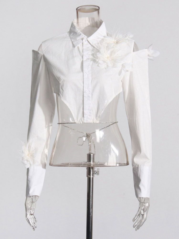 TWOTWINSTYLE Off Shoulder Patchwork Flower Crop Shirt