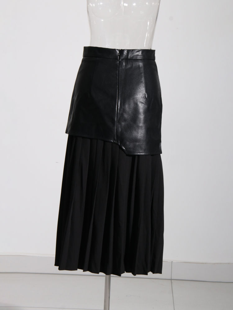 TWOTWINSTYLE Patchwork Pu Leather Pleated Designer Skirt