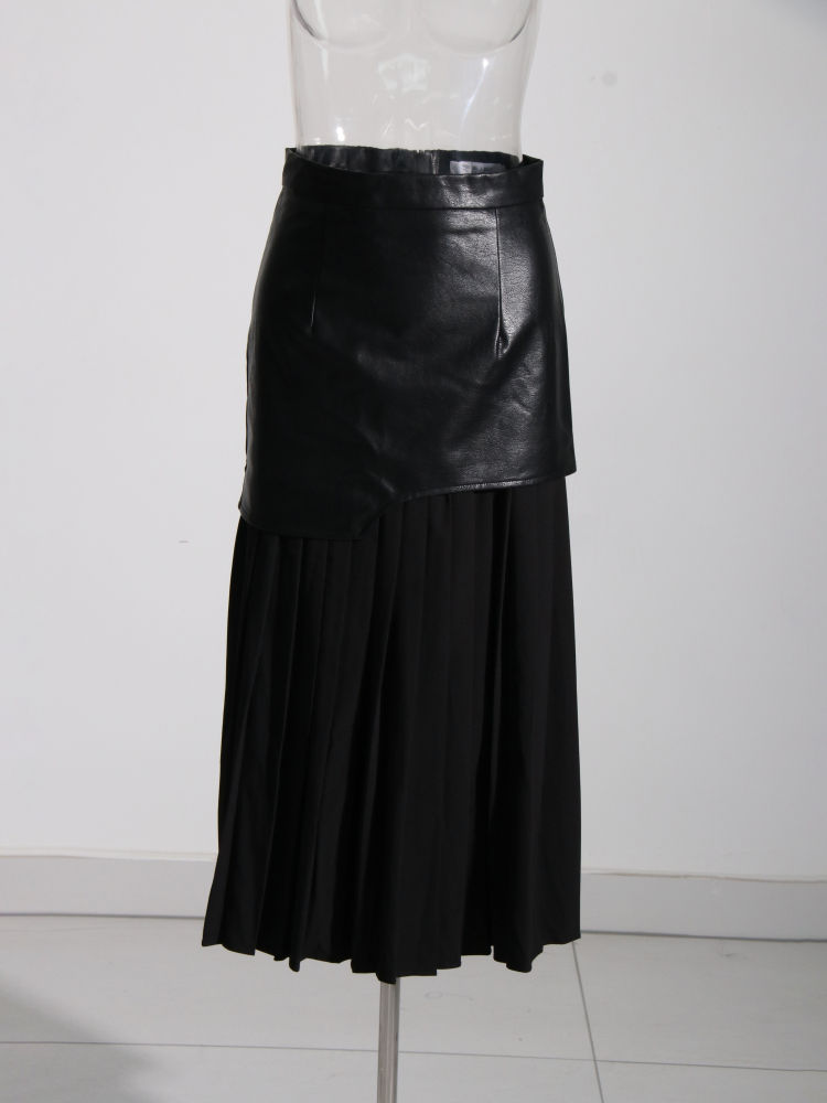 TWOTWINSTYLE Patchwork Pu Leather Pleated Designer Skirt