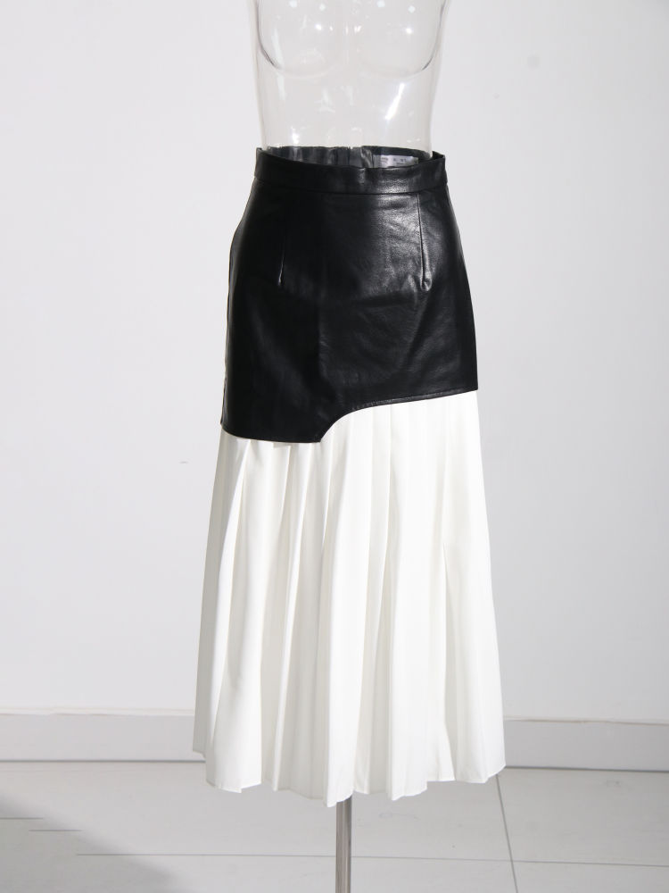 TWOTWINSTYLE Patchwork Pu Leather Pleated Designer Skirt