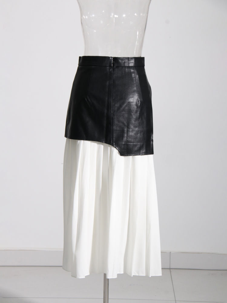 TWOTWINSTYLE Patchwork Pu Leather Pleated Designer Skirt