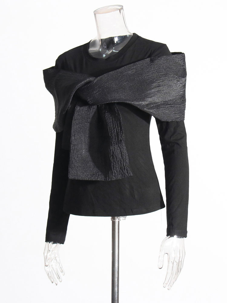 TWOTWINSTYLE Round Neck Long Sleeve Spliced Lace Up Fashion Shirt