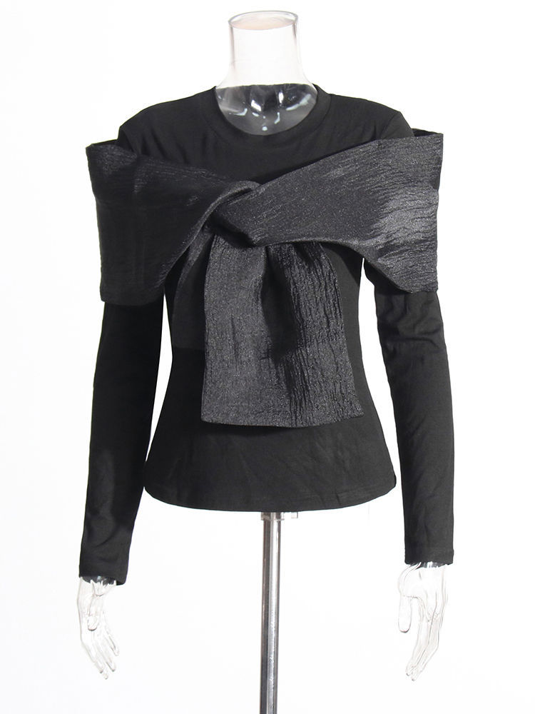 TWOTWINSTYLE Round Neck Long Sleeve Spliced Lace Up Fashion Shirt