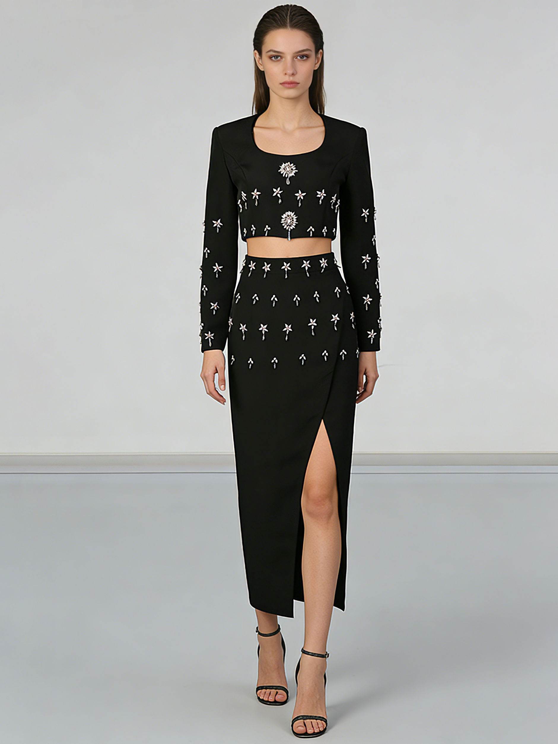 TWOTWINSTYLE Round Neck Patchwork Diamond Crop Top Side Split Skirt Chic Set