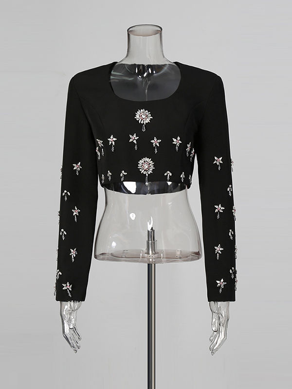 TWOTWINSTYLE Round Neck Patchwork Diamond Crop Top Side Split Skirt Chic Set