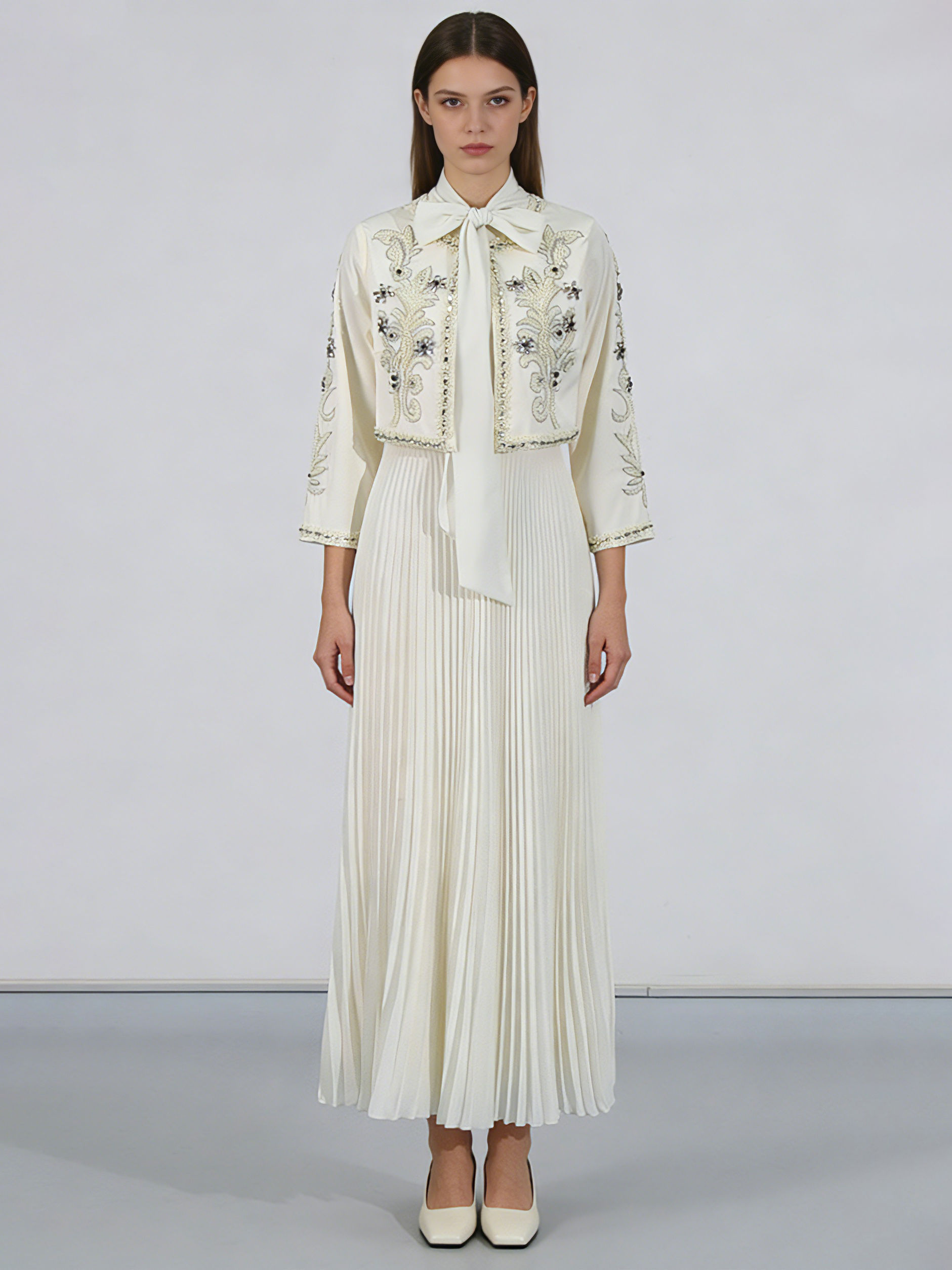 TWOTWINSTYLE Round Neck Spliced Diamond Coat Bowknot Tunic Pleated Dress Elegant Set