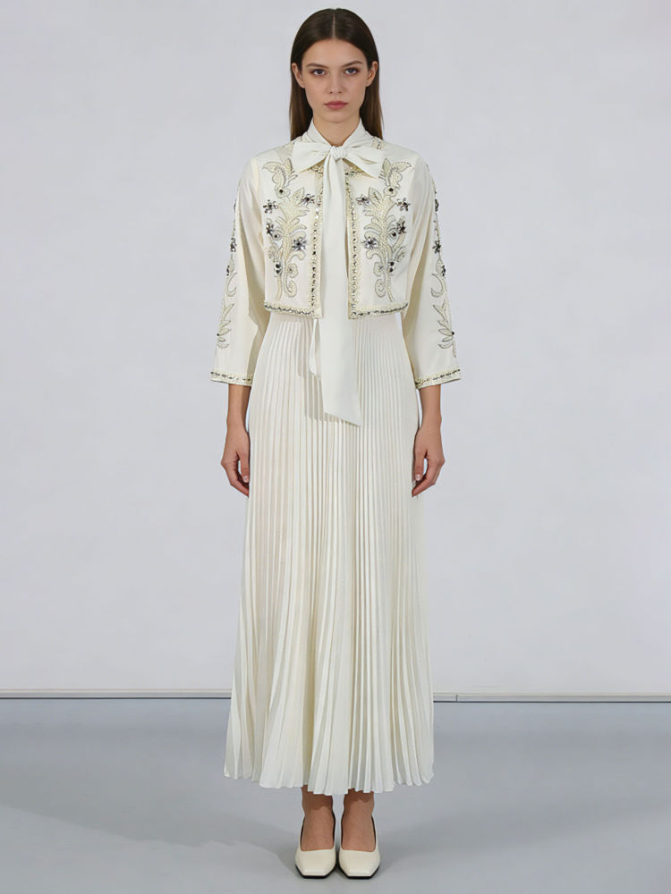 TWOTWINSTYLE Round Neck Spliced Diamond Coat Bowknot Tunic Pleated Dress Elegant Set