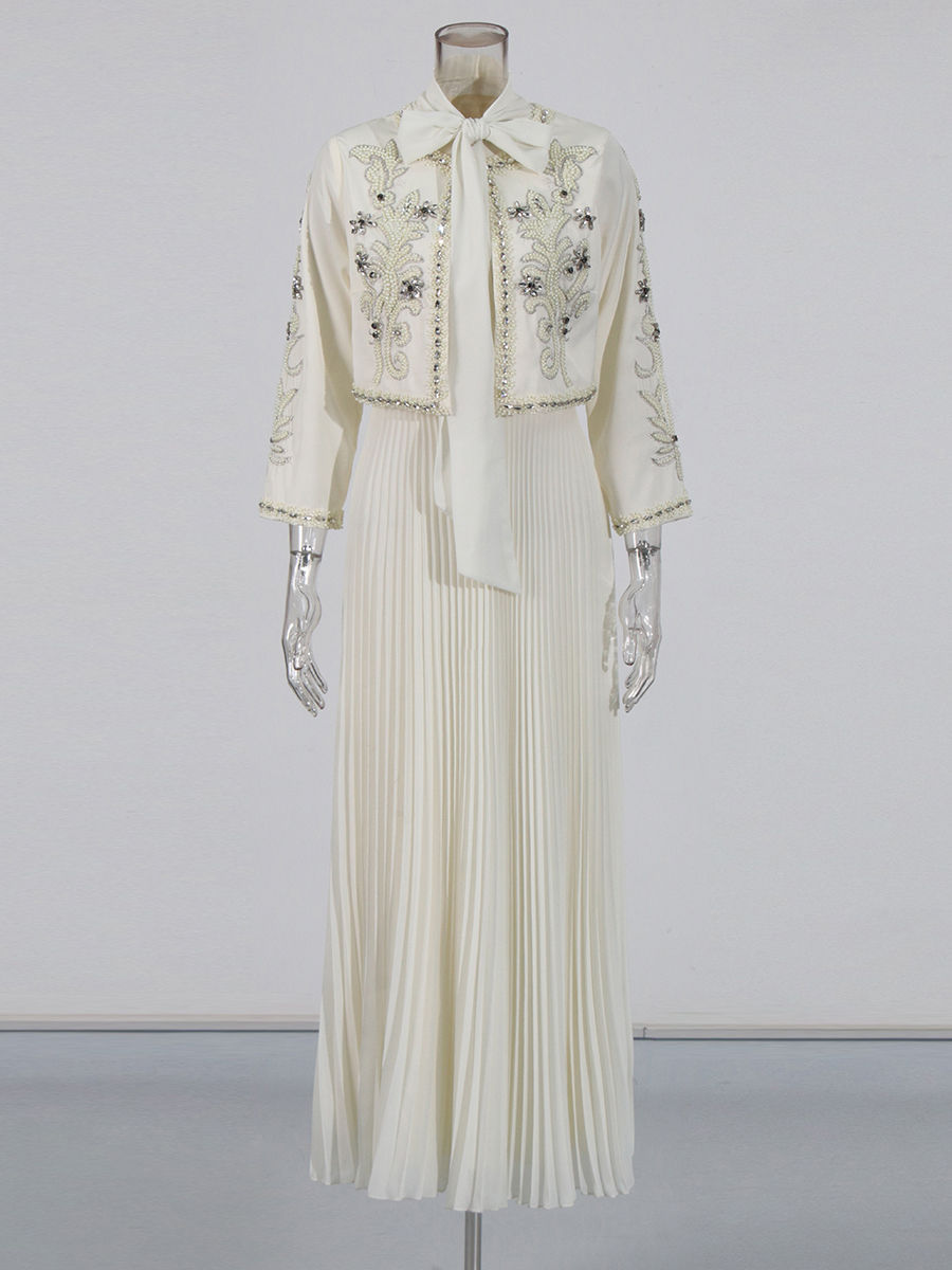 TWOTWINSTYLE Round Neck Spliced Diamond Coat Bowknot Tunic Pleated Dress Elegant Set