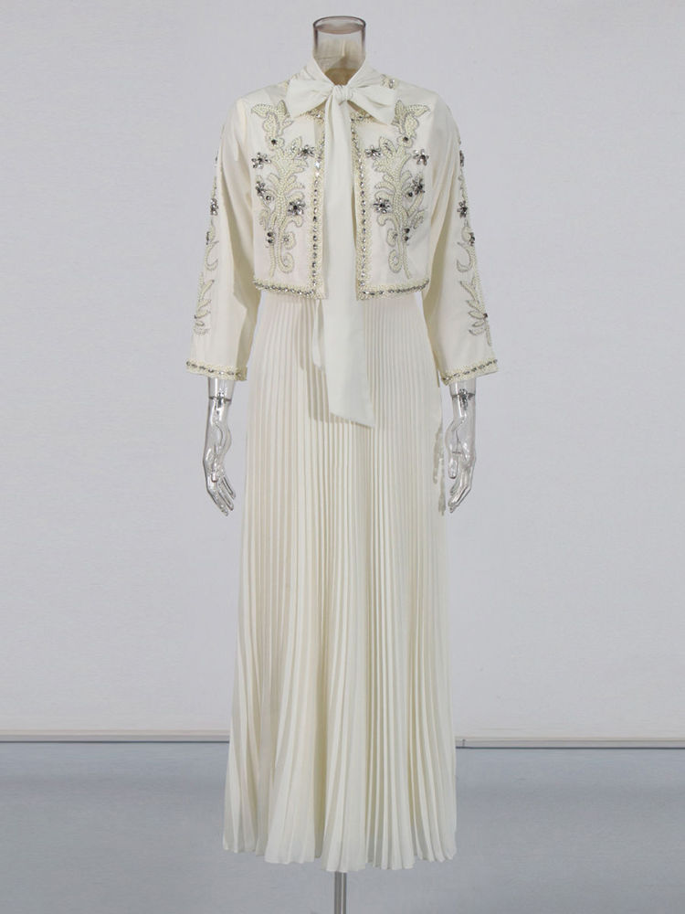 TWOTWINSTYLE Round Neck Spliced Diamond Coat Bowknot Tunic Pleated Dress Elegant Set