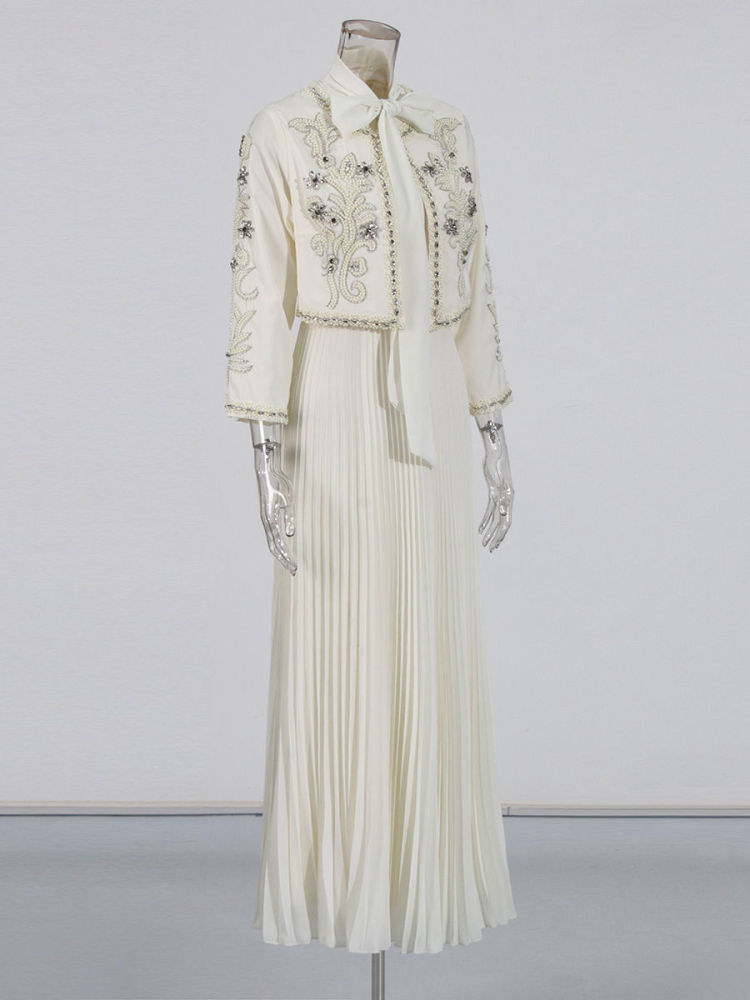 TWOTWINSTYLE Round Neck Spliced Diamond Coat Bowknot Tunic Pleated Dress Elegant Set