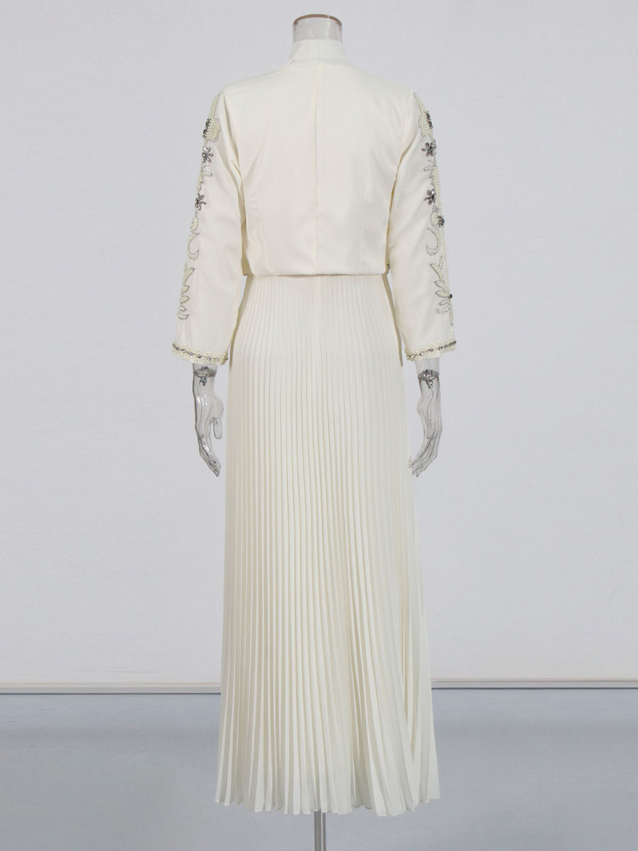 TWOTWINSTYLE Round Neck Spliced Diamond Coat Bowknot Tunic Pleated Dress Elegant Set