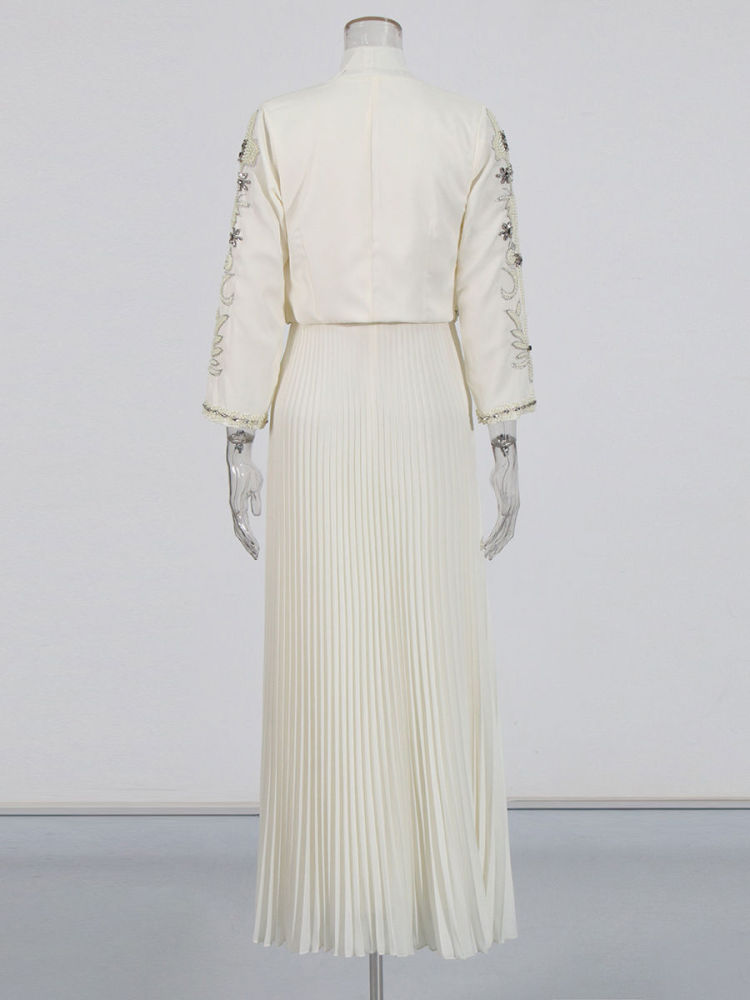 TWOTWINSTYLE Round Neck Spliced Diamond Coat Bowknot Tunic Pleated Dress Elegant Set