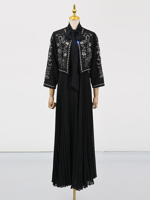 TWOTWINSTYLE Round Neck Spliced Diamond Coat Bowknot Tunic Pleated Dress Elegant Set