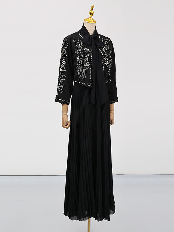 TWOTWINSTYLE Round Neck Spliced Diamond Coat Bowknot Tunic Pleated Dress Elegant Set