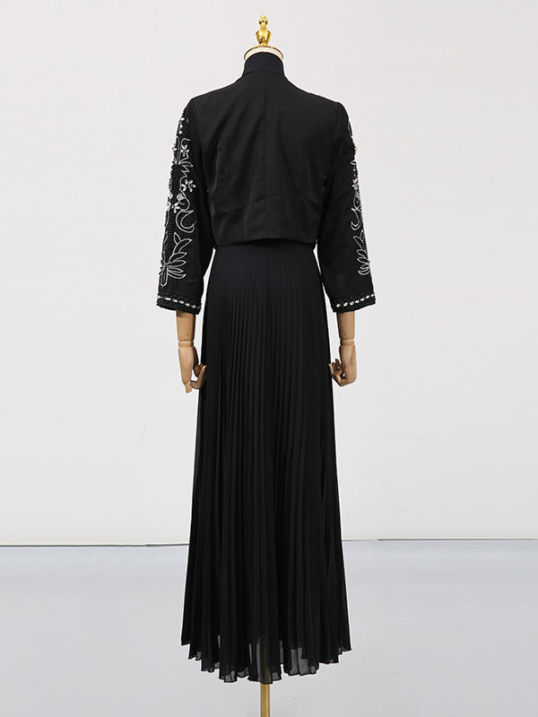 TWOTWINSTYLE Round Neck Spliced Diamond Coat Bowknot Tunic Pleated Dress Elegant Set