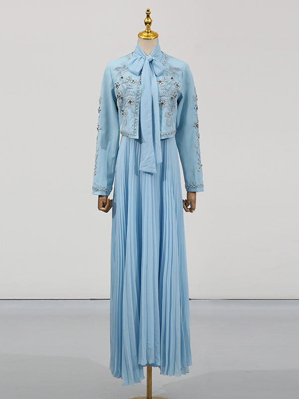 TWOTWINSTYLE Round Neck Spliced Diamond Coat Bowknot Tunic Pleated Dress Elegant Set
