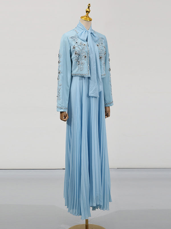 TWOTWINSTYLE Round Neck Spliced Diamond Coat Bowknot Tunic Pleated Dress Elegant Set