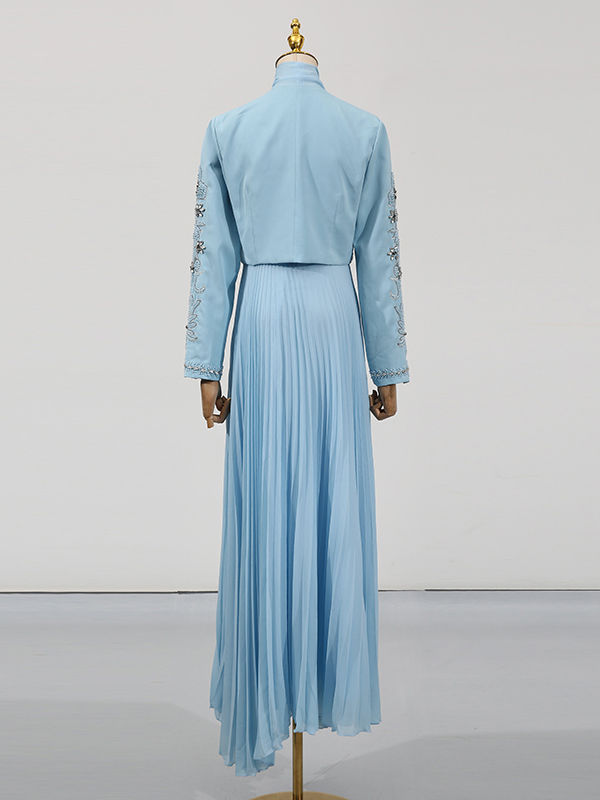 TWOTWINSTYLE Round Neck Spliced Diamond Coat Bowknot Tunic Pleated Dress Elegant Set