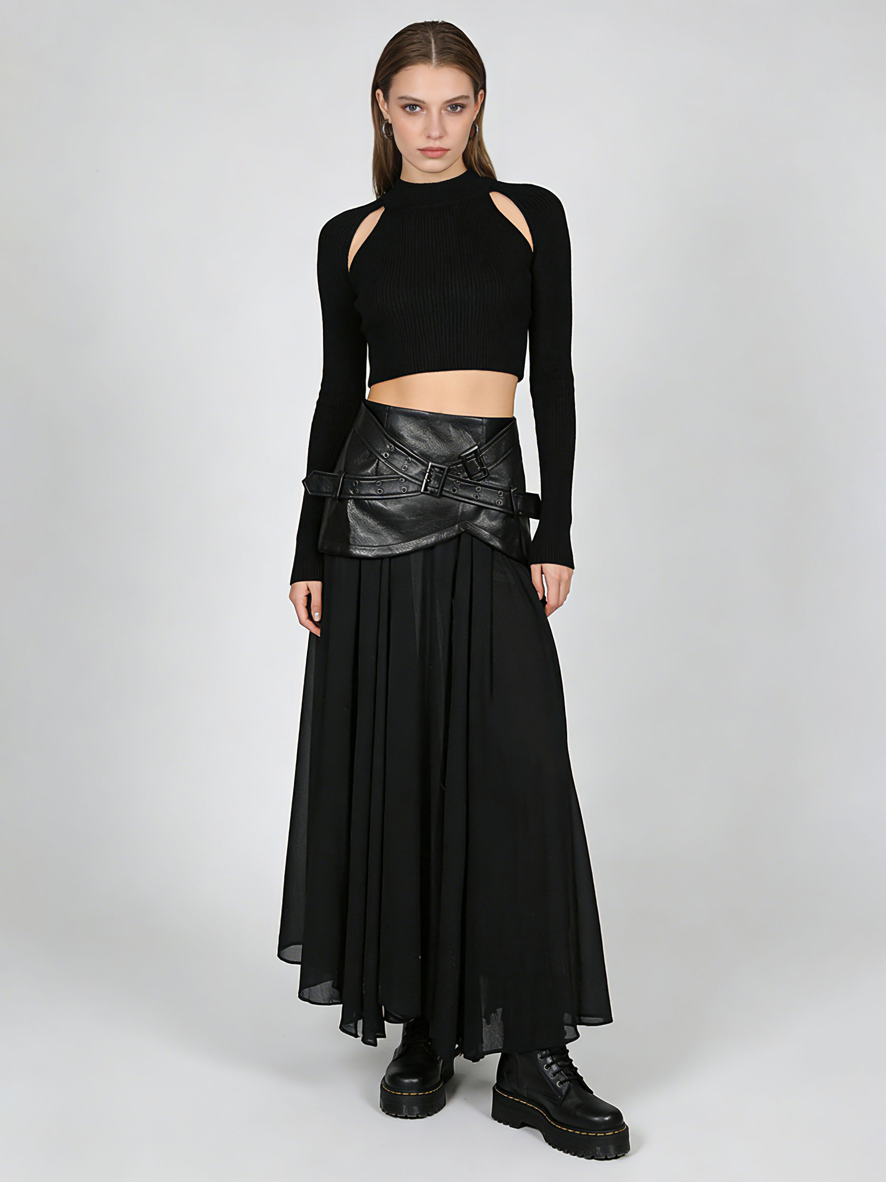 TWOTWINSTYLE Spliced Pu Leather High Waist Fashion Skirt