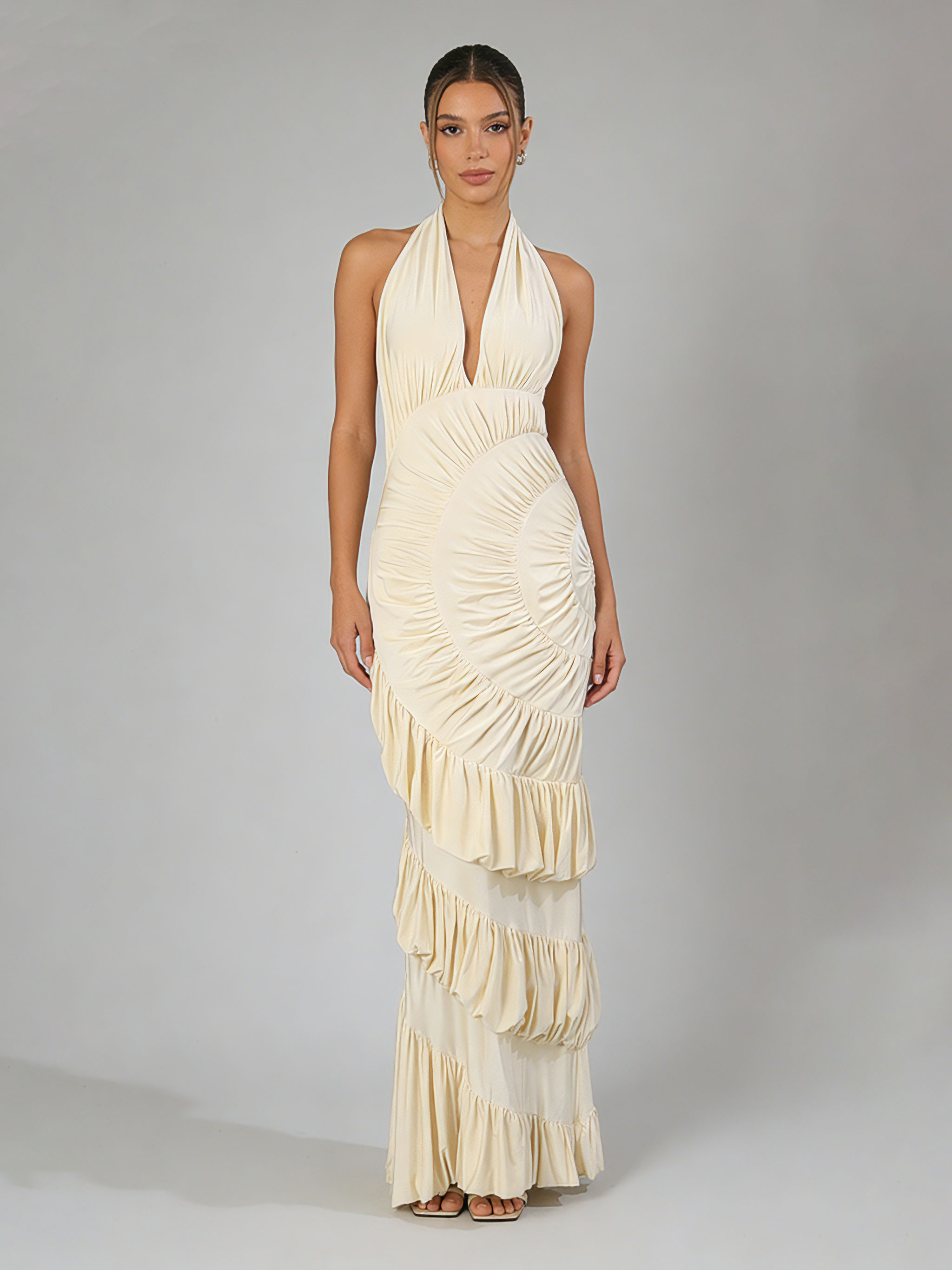 TWOTWINSTYLE Deep V Neck Sleeveles Spliced Ruffles Elegant Dress