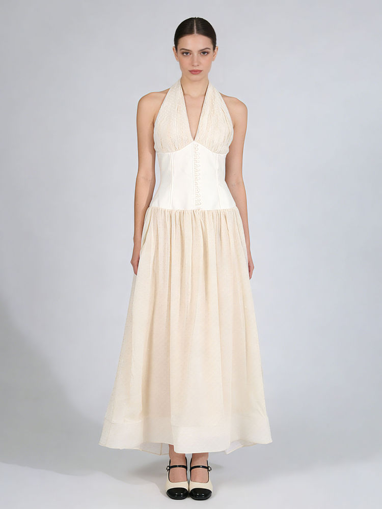 TWOTWINSTYLE Solid V Neck High Waist Pleated Elegant Dress