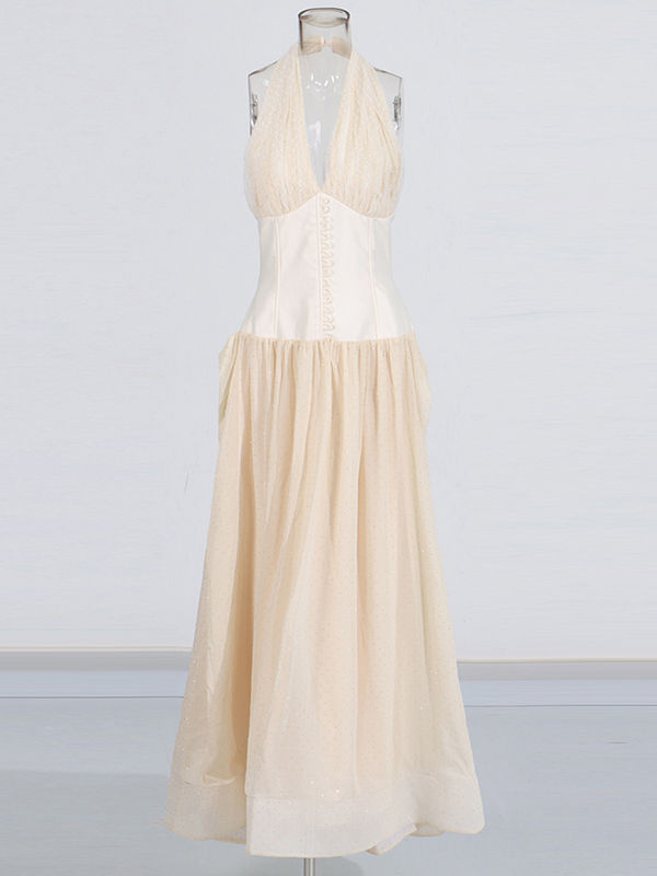TWOTWINSTYLE Solid V Neck High Waist Pleated Elegant Dress