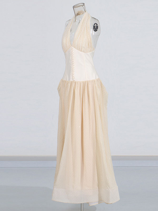 TWOTWINSTYLE Solid V Neck High Waist Pleated Elegant Dress