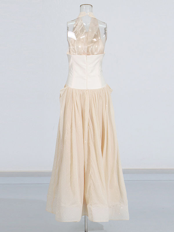 TWOTWINSTYLE Solid V Neck High Waist Pleated Elegant Dress