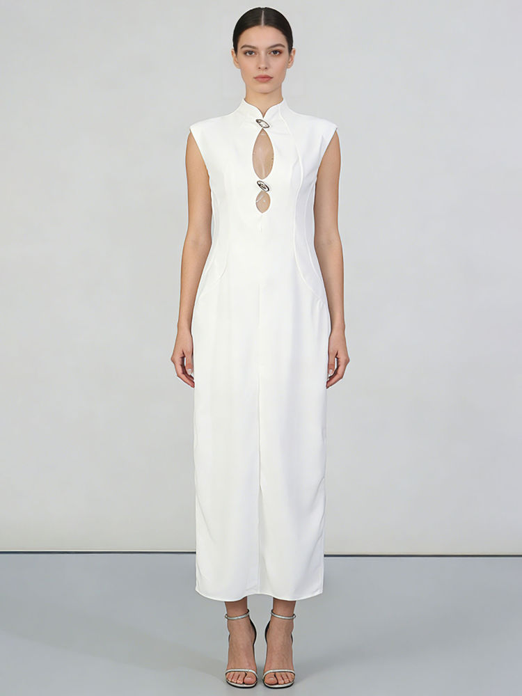TWOTWINSTYLE Stand Collar Sleeveles Hollow Out Chic Dress