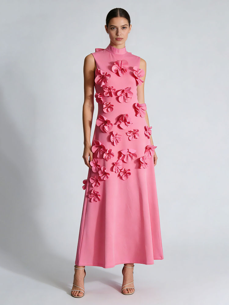 TWOTWINSTYLE Stand Collar Sleeveles Spliced 3D Flower Chic Dress