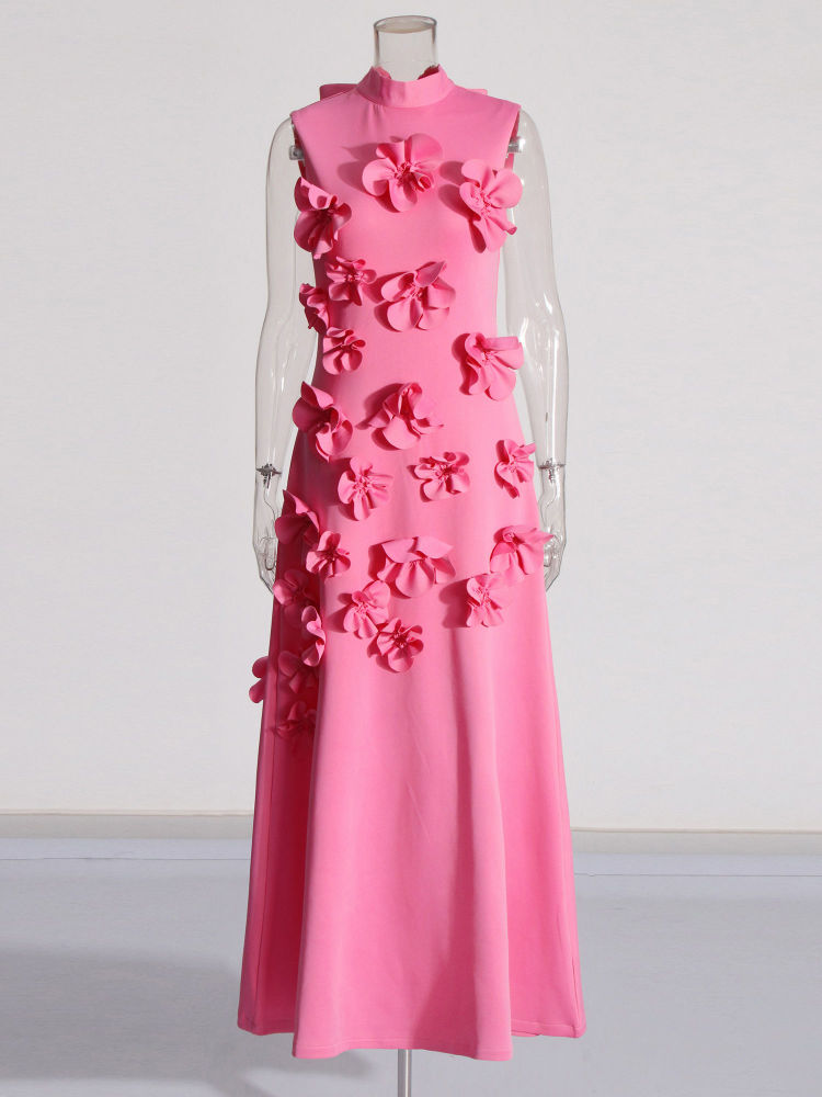 TWOTWINSTYLE Stand Collar Sleeveles Spliced 3D Flower Chic Dress