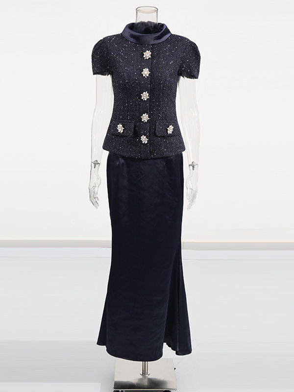 TWOTWINSTYLE Stand Collar Spliced Button Top Slimming Skirt Elegant Two Piece Set