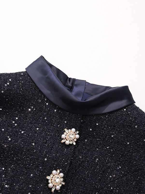 TWOTWINSTYLE Stand Collar Spliced Button Top Slimming Skirt Elegant Two Piece Set
