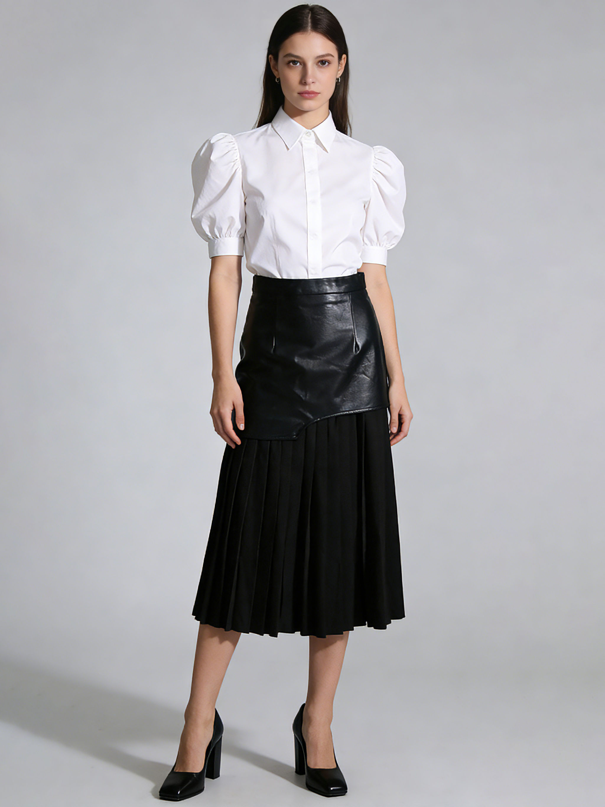 TWOTWINSTYLE Patchwork Pu Leather Pleated Designer Skirt