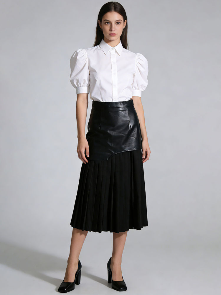 TWOTWINSTYLE Patchwork Pu Leather Pleated Designer Skirt