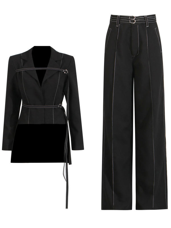TWOTWINSTYLE Lapel Irregular Hem Coat Patchwork Belt Vintage Two Piece Set