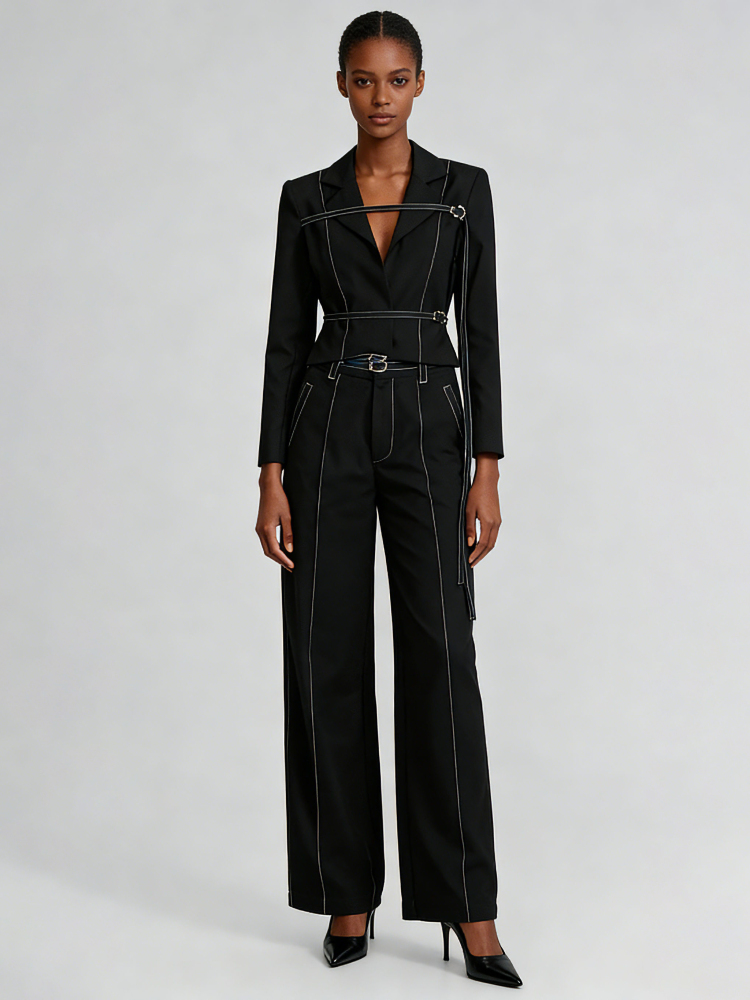 TWOTWINSTYLE Lapel Irregular Hem Coat Patchwork Belt Vintage Two Piece Set