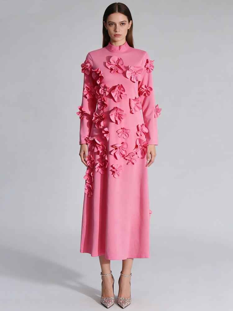 TWOTWINSTYLE Long Sleeve Spliced 3D Flower Fashion Dress